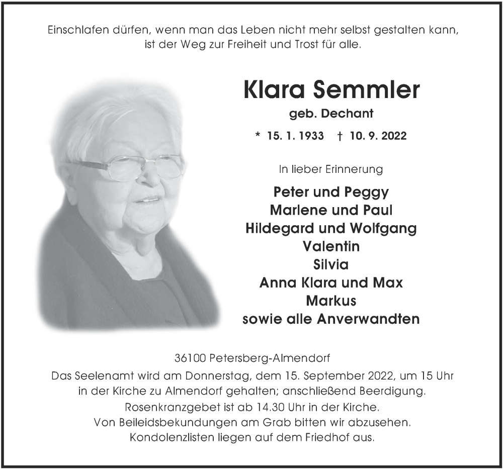  Traueranzeige für Klara Semmler vom 13.09.2022 aus FZ