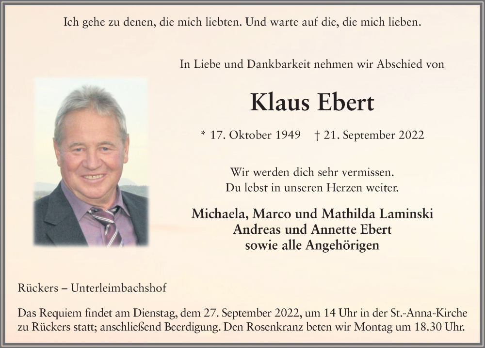  Traueranzeige für Klaus Ebert vom 24.09.2022 aus FZ