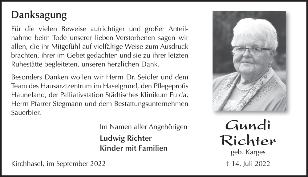  Traueranzeige für Kunigunde Richter vom 02.09.2022 aus FZ
