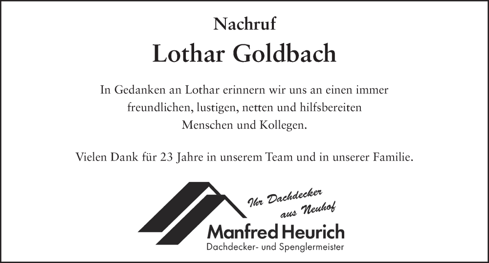  Traueranzeige für Lothar Goldbach vom 03.09.2022 aus FZ
