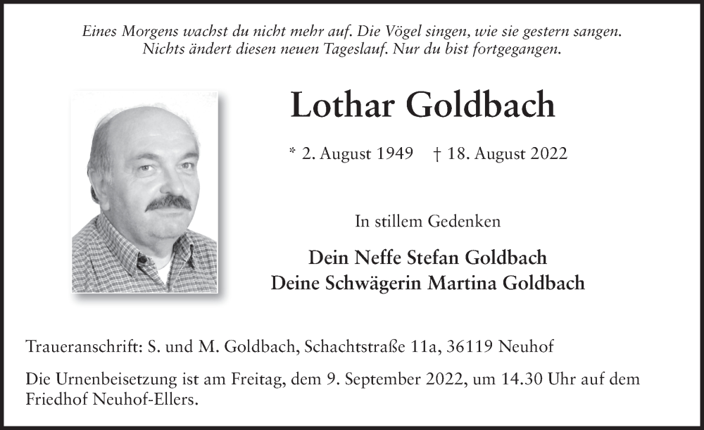  Traueranzeige für Lothar Goldbach vom 03.09.2022 aus FZ