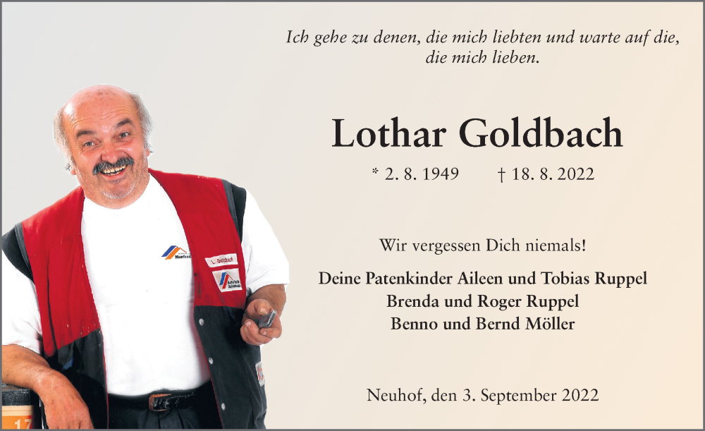  Traueranzeige für Lothar Goldbach vom 03.09.2022 aus FZ