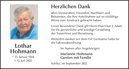 Traueranzeige von Lothar Hohmann von FZ