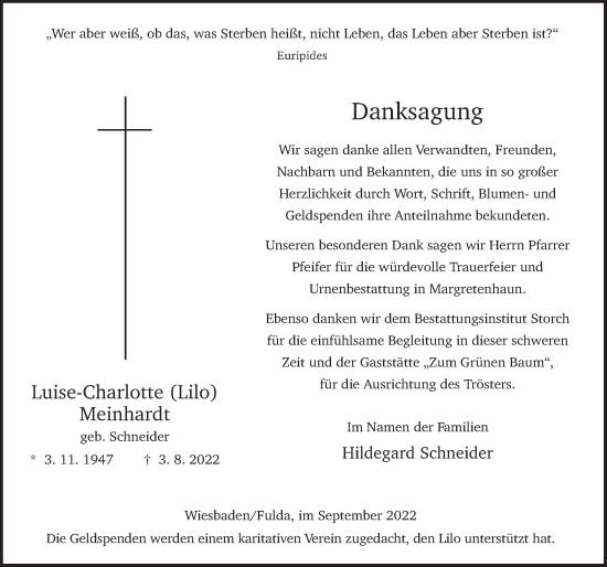 Traueranzeige von Luise-Charlotte Meinhardt von FZ