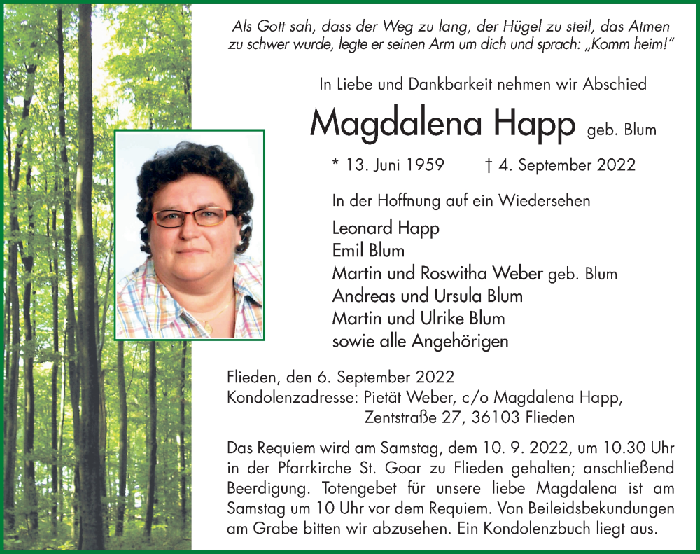  Traueranzeige für Magdalena Happ vom 06.09.2022 aus FZ