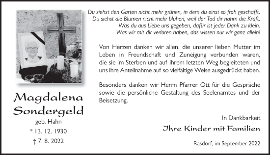Traueranzeige von Magdalena Sondergeld von FZ
