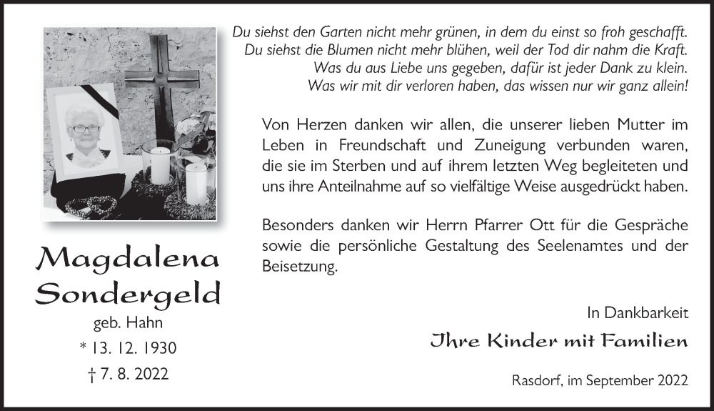  Traueranzeige für Magdalena Sondergeld vom 10.09.2022 aus FZ