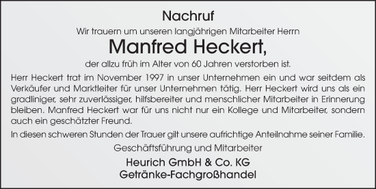 Traueranzeige von Manfred Heckert von FZ