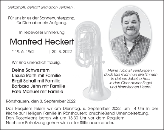 Traueranzeige von Manfred Heckert von FZ