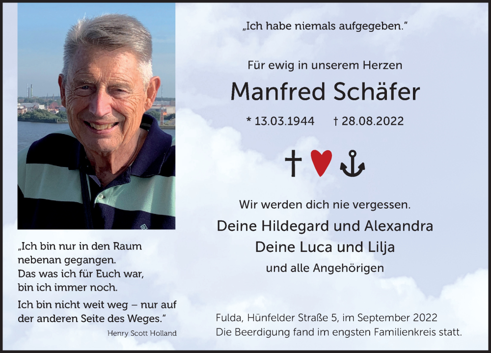 Traueranzeige für Manfred Schäfer vom 10.09.2022 aus FZ