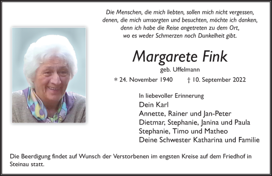 Traueranzeige von Margarete Fink von FZ