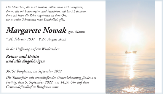 Traueranzeige von Margarete Nowak von FZ