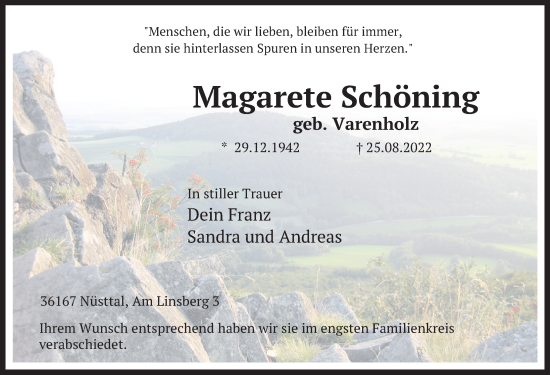 Traueranzeige von Margarete Schöning von FZ