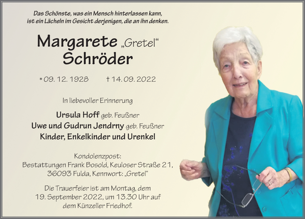  Traueranzeige für Margarete Schröder vom 17.09.2022 aus FZ