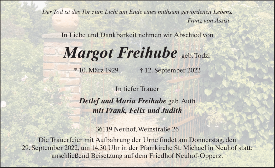 Traueranzeige von Margot Freihube von FZ