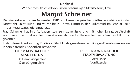 Traueranzeige von Margot Schreiner von FZ