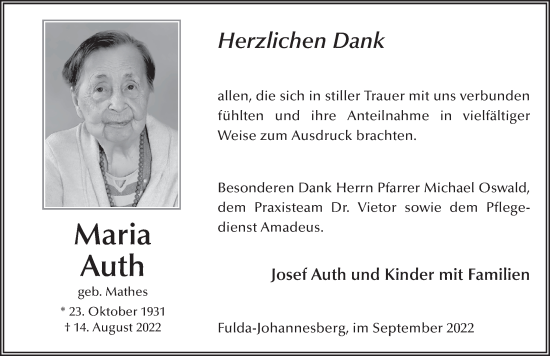 Traueranzeige von Maria Auth von FZ