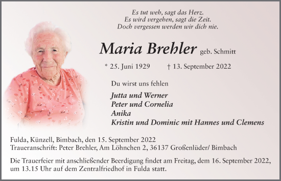 Traueranzeige von Maria Brehler von FZ