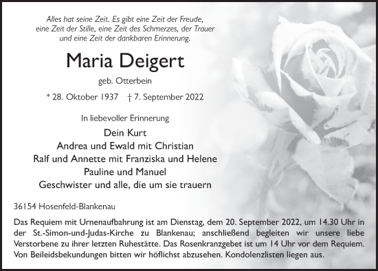 Traueranzeige von Maria Deigert von FZ