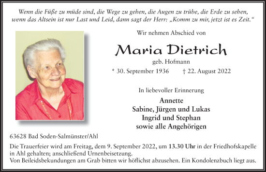 Traueranzeige von Maria Dietrich von FZ