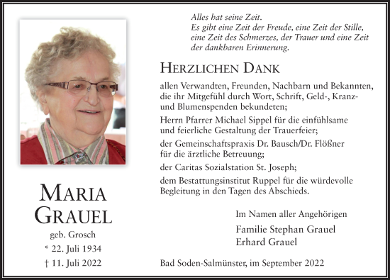 Traueranzeige von Maria Grauel von FZ