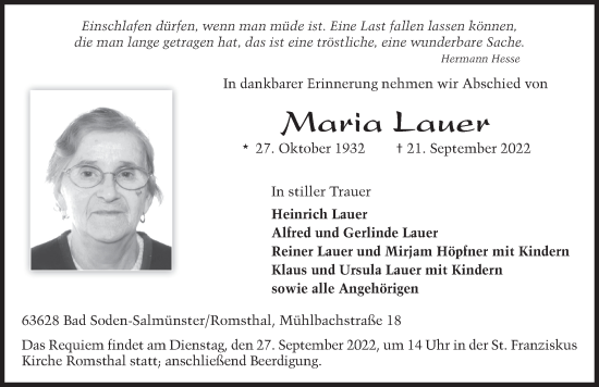 Traueranzeige von Maria Lauer von FZ