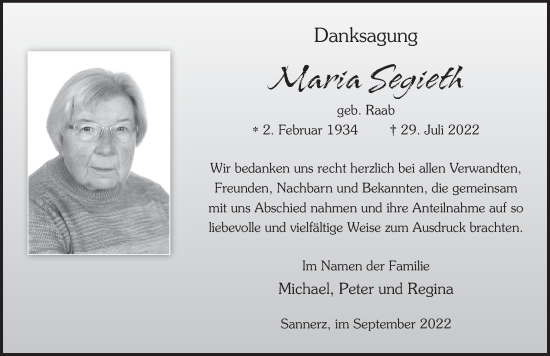 Traueranzeige von Maria Segieth von FZ