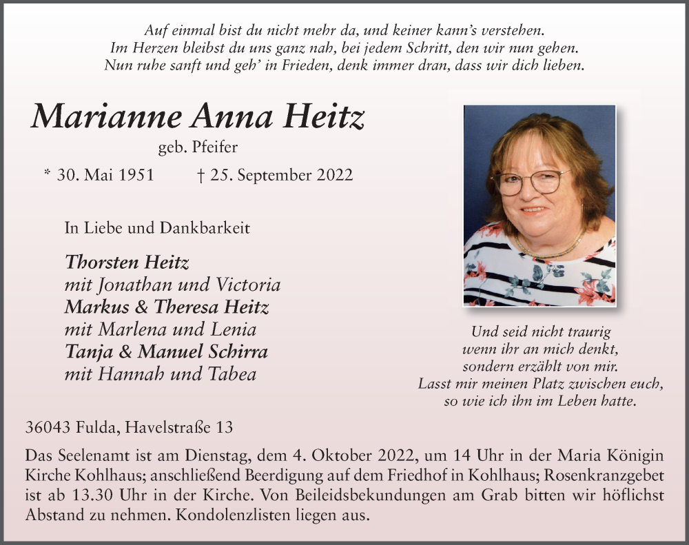  Traueranzeige für Marianne Anna Heitz vom 28.09.2022 aus FZ