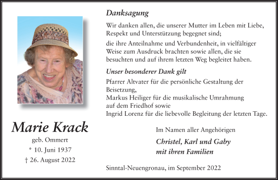Traueranzeige von Marie Krack von FZ