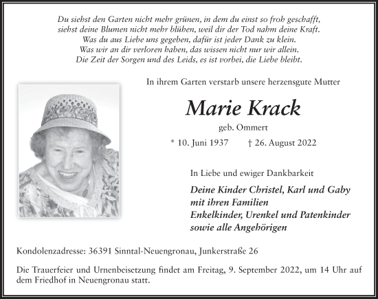 Traueranzeige von Marie Krack von FZ