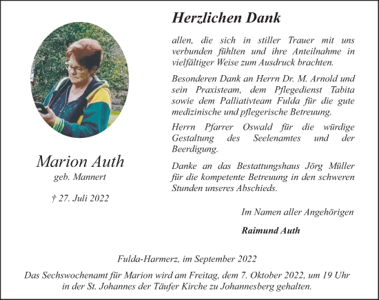 Traueranzeige von Marion Auth von FZ