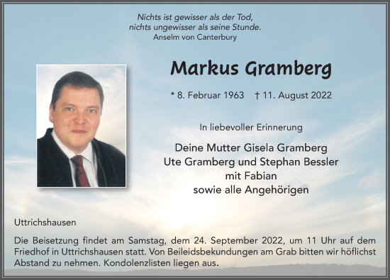 Traueranzeige von Markus Gramberg von FZ