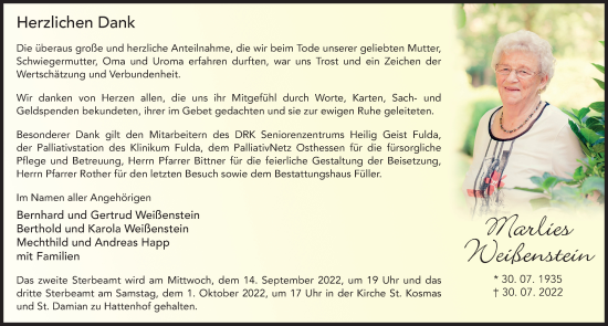 Traueranzeige von Marlies Weißenstein von FZ