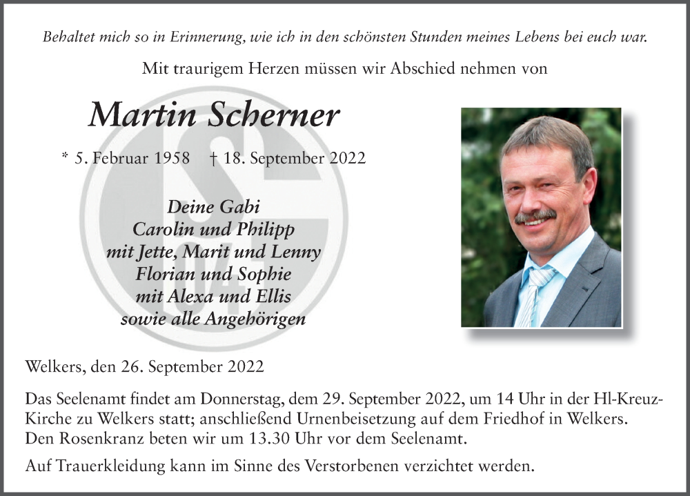  Traueranzeige für Martin Scherner vom 26.09.2022 aus FZ