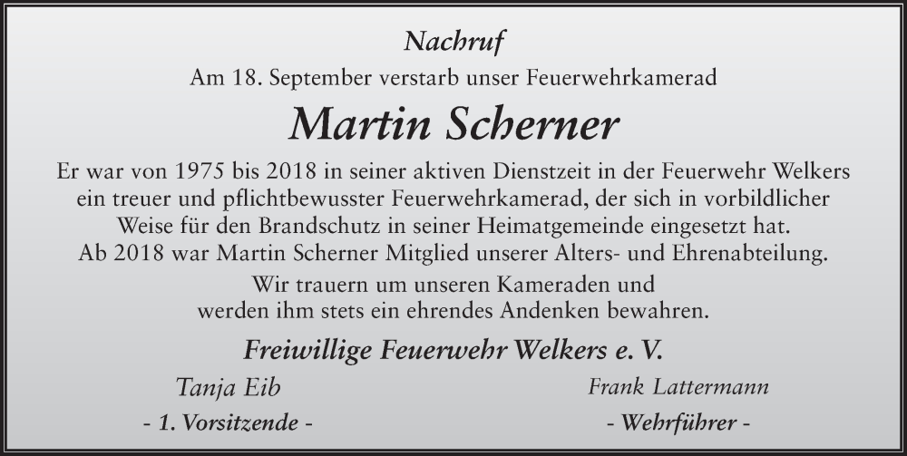  Traueranzeige für Martin Scherner vom 26.09.2022 aus FZ