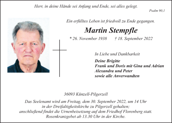 Traueranzeige von Martin Stempfle von FZ