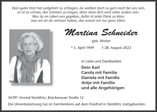 Traueranzeige von Martina Schneider von FZ