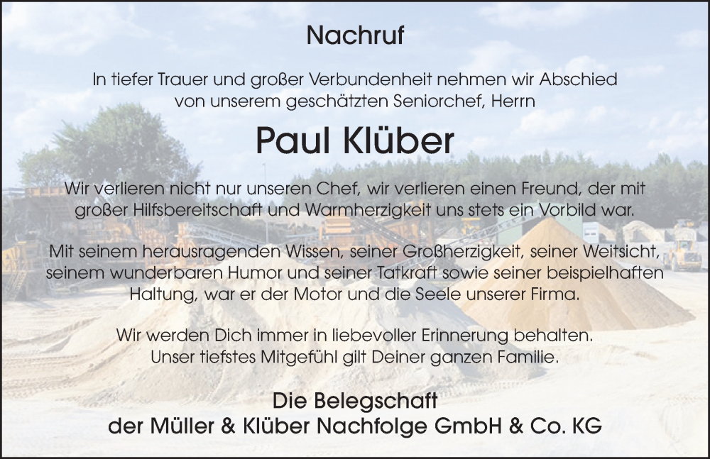  Traueranzeige für Paul Klüber vom 08.09.2022 aus FZ