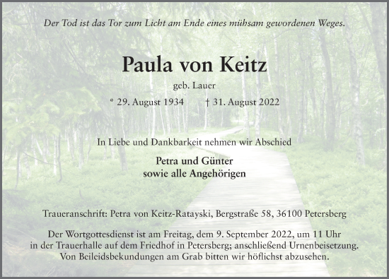 Traueranzeige von Paula von Keitz von FZ