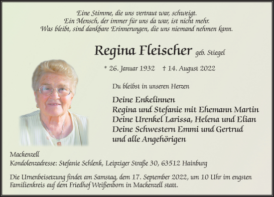 Traueranzeige von Regina Fleischer von FZ