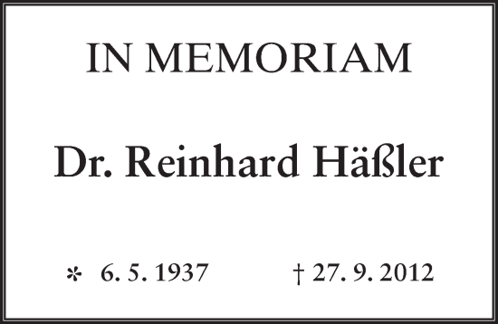 Traueranzeige von Reinhard Häßler von FZ