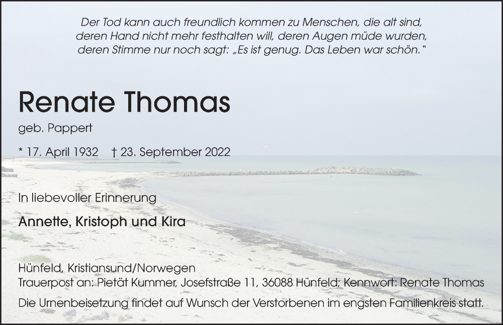  Traueranzeige für Renate Thomas vom 27.09.2022 aus FZ