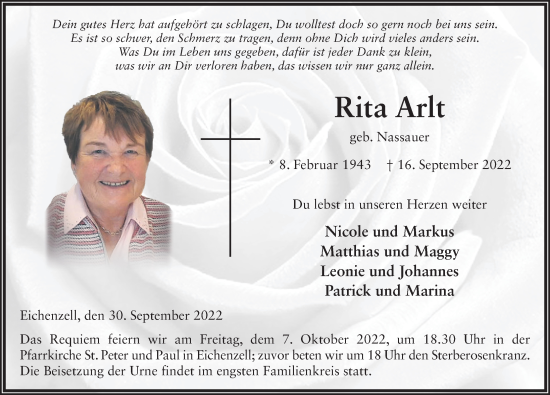 Traueranzeige von Rita Arlt von FZ