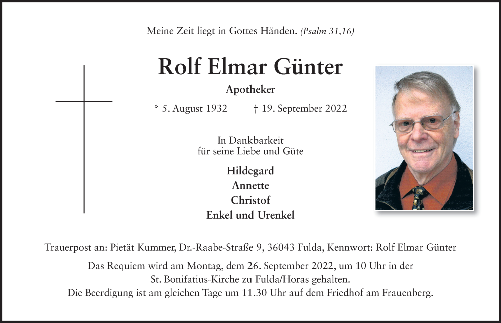  Traueranzeige für Rolf Elmar Günter vom 22.09.2022 aus FZ