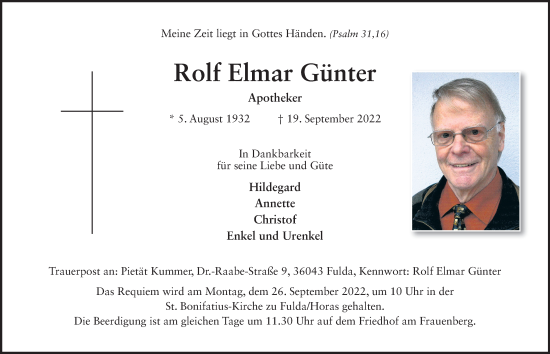 Traueranzeige von Rolf Elmar Günter von FZ