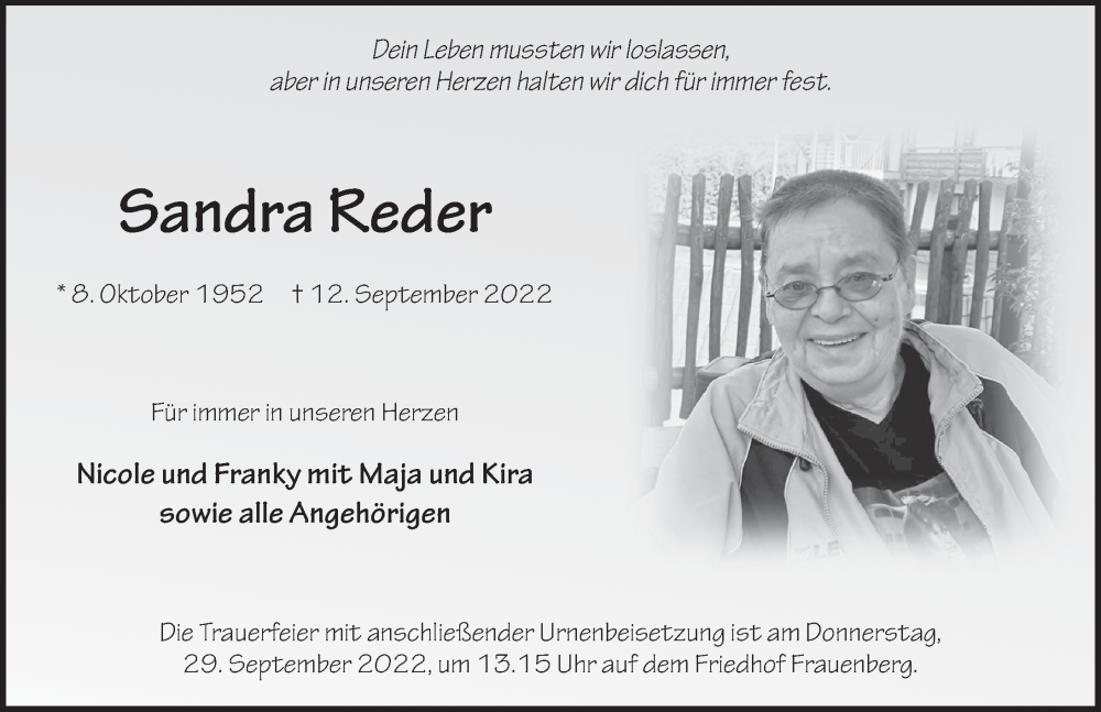 Traueranzeige für Sandra Reder vom 26.09.2022 aus FZ