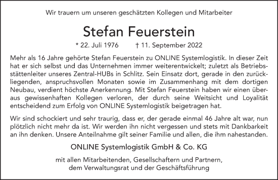 Traueranzeige von Stefan Feuerstein von FZ