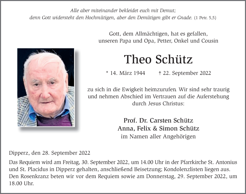 Traueranzeige für Theo Schütz vom 28.09.2022 aus FZ