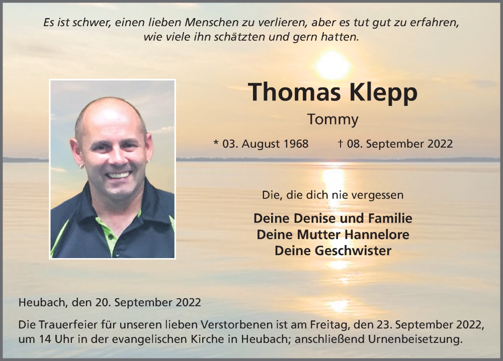 Traueranzeige für Thomas Klepp vom 20.09.2022 aus FZ