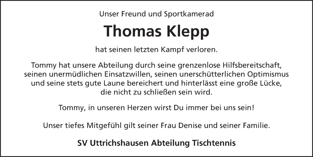  Traueranzeige für Thomas Klepp vom 20.09.2022 aus FZ